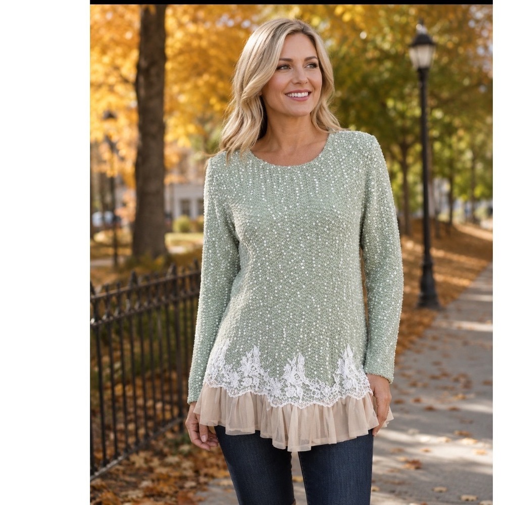 Amitie Sage Green Popcorn Knit‎ Sweater White Lace Floral Tulle Ruffle Hem large
